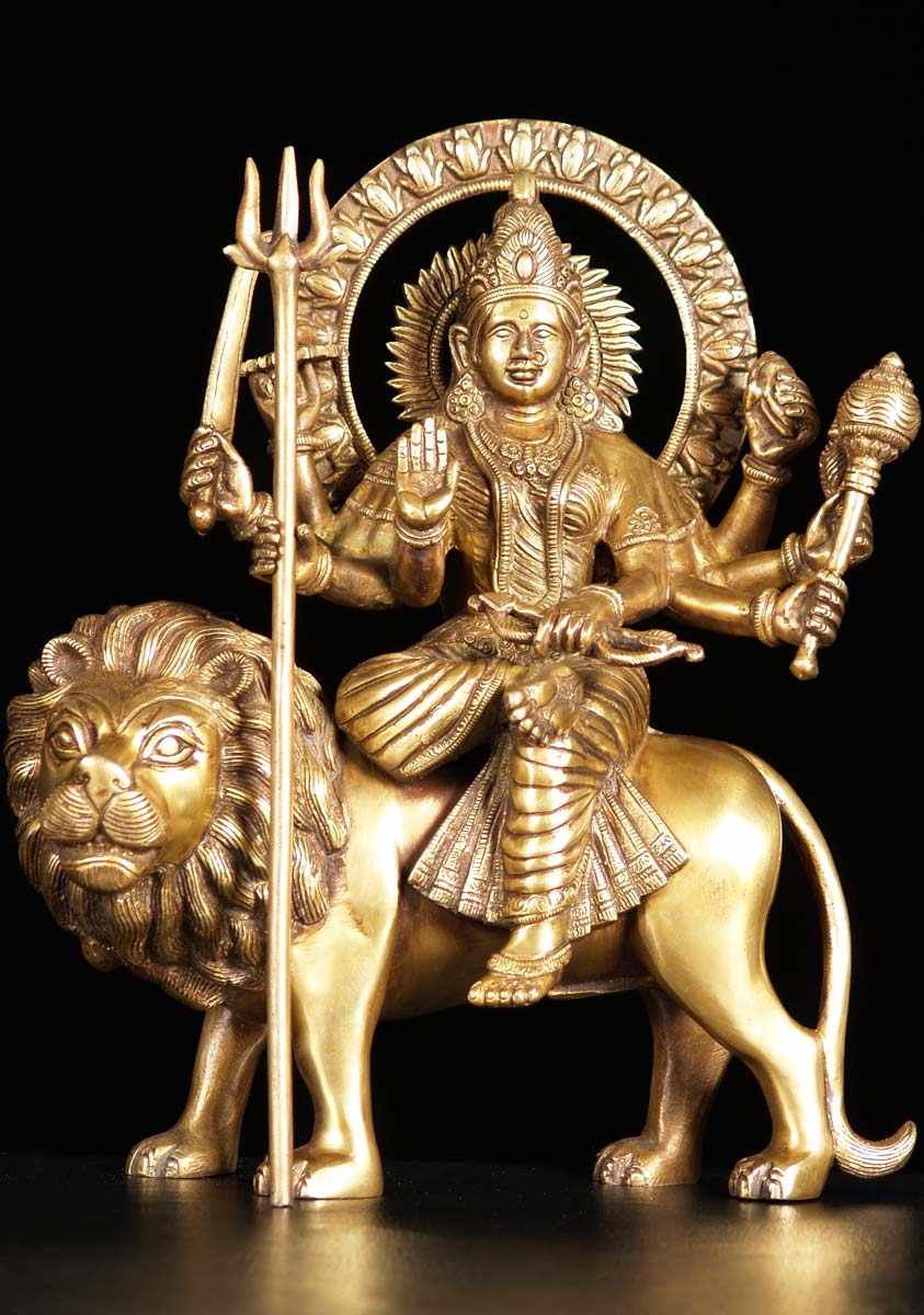 Durga Brass Statue Riding Lion Holding Trident with Large Chakra Halo 13"